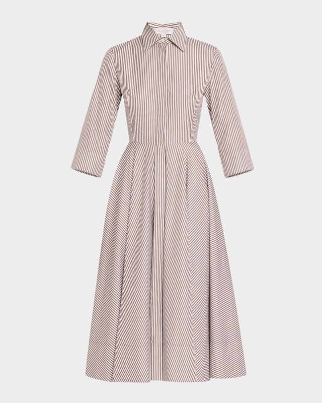 3/4-Sleeve Striped Midi Shirtdress With Belt